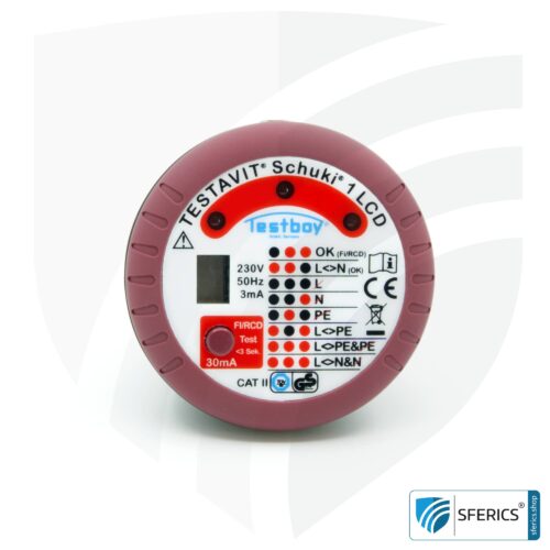 TESTAVIT SCHUKI 1 LCD | Steckdosen Sockel Tester mit FI Auslösung | Schneller Check der Erdung, Verdrahtung und FI Schutzschalter.