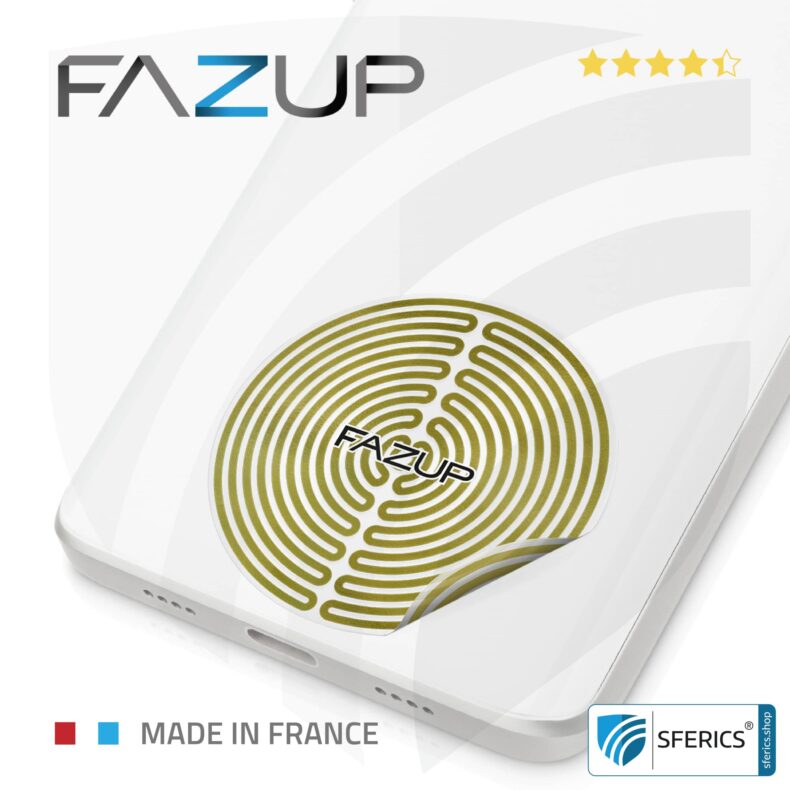 FAZUP Antennen Patch | Edition GOLD | Ferritkern fürs kabelgebundene Headset inklusive | Innovative Technologie gegen Elektrosmog | Schützt vor unnötig hoher Bestrahlung durch's eigene Mobiltelefon