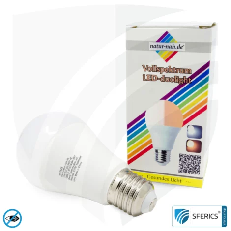 8 Watt LED Vollspektrum DuoLight | 3 Lichtfarben auf Klick: Tageslicht + Warmlicht + Neutrallicht, 700 Lumen | CRI 95 | flimmerfrei | E27 | Business Qualität