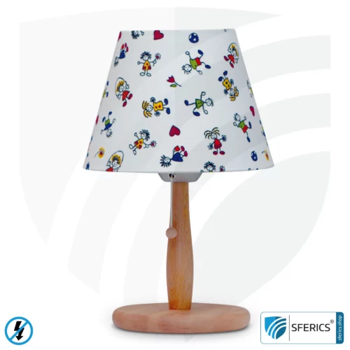 Geschirmte Tischlampe aus Buchenholz | Lampenschirm KINDER aus Baumwollgewebe | E27 Fassung