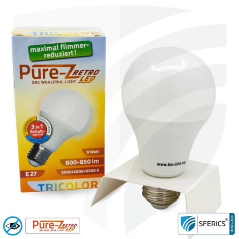 9 Watt LED TRICOLOR Pure-Z Retro | 3in1 = 3 umschaltbare Lichtfarben | Hell wie 80 Watt, 850 Lumen | CRI über 90 | flimmerfrei | E27