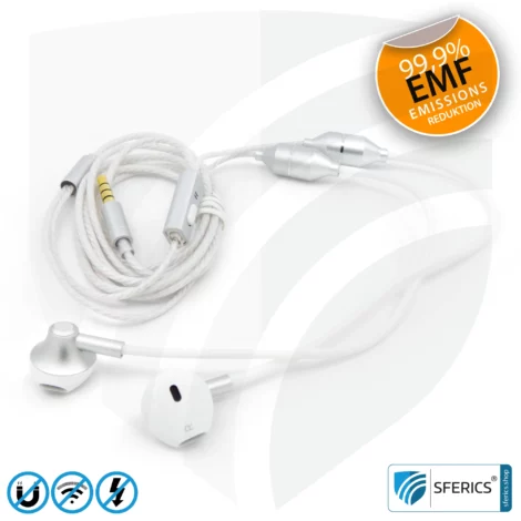 Luftkabel In-Ear Stereo Headset mit Mikrofon | Air Tube MINI | strahlungsfreie Technologie ohne Elektrosmog | weiss-silber | mit Klinkenstecker
