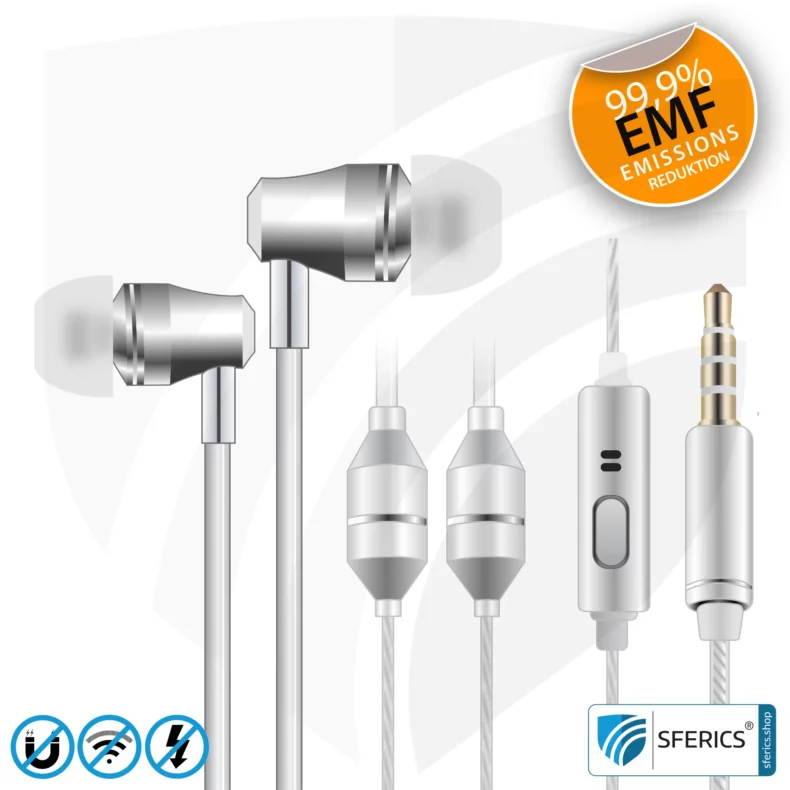 Luftkabel In-Ear Stereo Headset mit Mikrofon | Variante SFERICS® SMART | Anti EMF Airtube Technologie ohne Elektrosmog | weiss-silber | Klinkenstecker