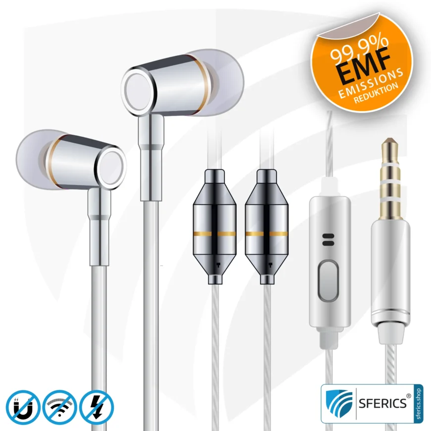 Luftkabel In-Ear Stereo Headset mit Mikrofon | Air Tube CLASSIC | strahlungsfreie Technologie ohne Elektrosmog | weiss-silber | mit Klinkenstecker