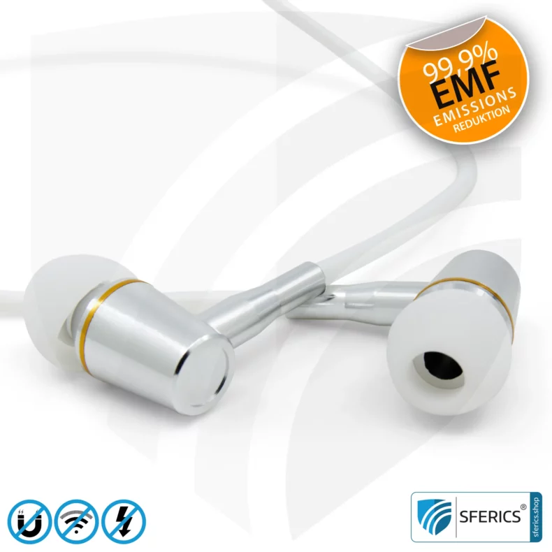 Luftkabel In-Ear Stereo Headset mit Mikrofon | Air Tube CLASSIC | strahlungsfreie Technologie ohne Elektrosmog | weiss-silber | mit Klinkenstecker