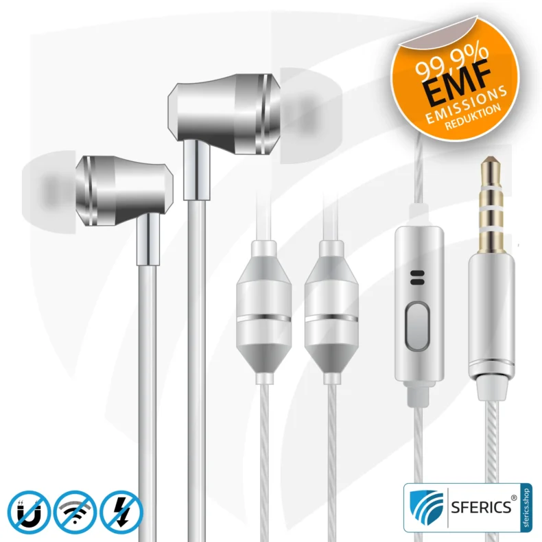 Luftkabel In-Ear Stereo Headset mit Mikrofon | AirTube SMART | strahlungsfreie Technologie ohne Elektrosmog | weiss-silber | mit Klinkenstecker