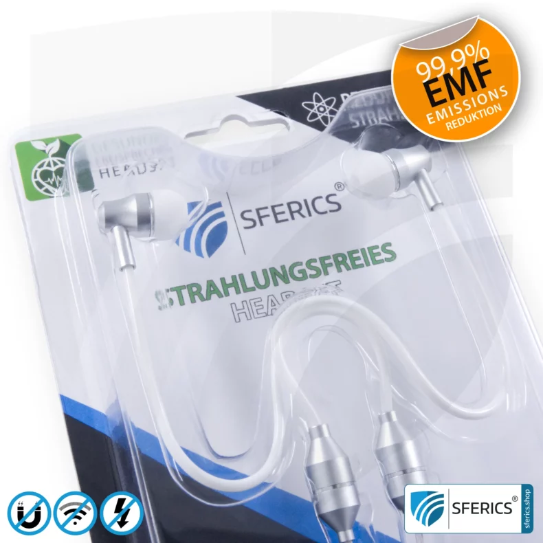 Luftkabel In-Ear Stereo Headset mit Mikrofon | Variante SFERICS® SMART | Anti EMF Airtube Technologie ohne Elektrosmog | weiss-silber | Klinkenstecker