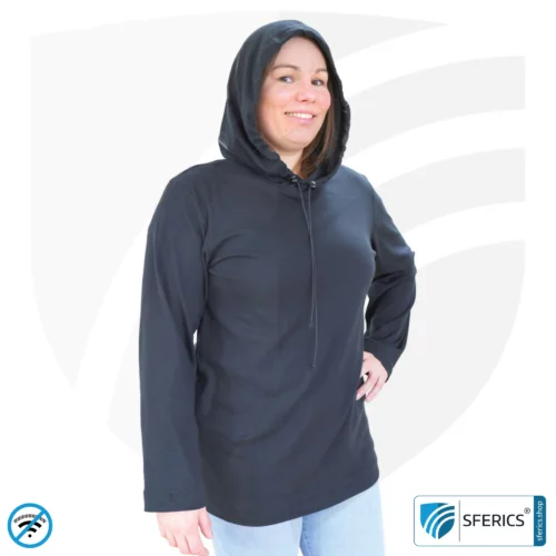 Hoodie, abschirmend + schwarz | Langarm T-Shirt mit Kaputze | Schutz bis 40 dB vor HF Elektrosmog (Handy, WLAN, LTE) | strapazierfähig, aus Black-Jersey Abschirmstoff | 5G ready!