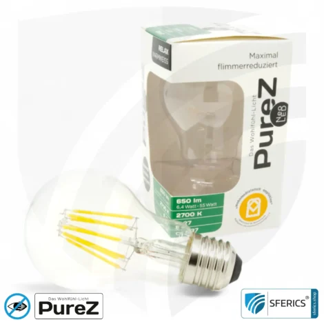 6,4 Watt LED Filament Pure-Z NEO | Hell wie 55 Watt, 650 Lumen | CRI 97 | flimmerfrei | warmweiß | E27 | klar
