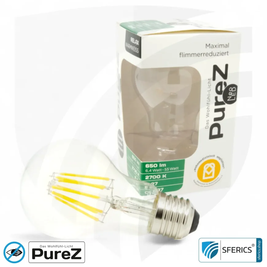 6,4 Watt LED Filament Pure-Z NEO | Hell wie 55 Watt, 650 Lumen | CRI 97 | flimmerfrei | warmweiß | E27 | klar