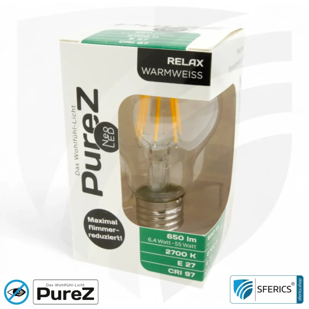 6,4 Watt LED Filament Pure-Z NEO | Hell wie 55 Watt, 650 Lumen | CRI 97 | flimmerfrei | warmweiß | E27 | klar