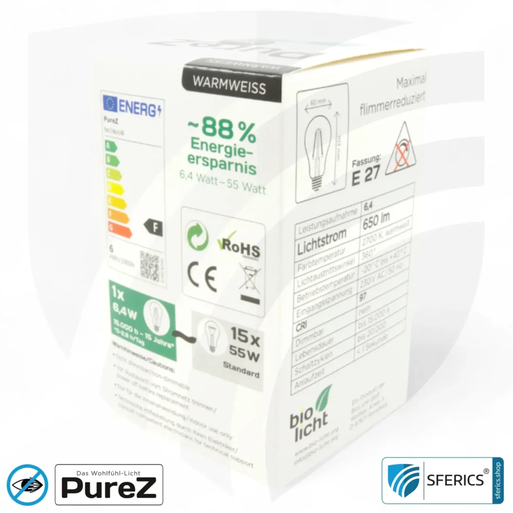 6,4 Watt LED Filament Pure-Z NEO | Hell wie 55 Watt, 650 Lumen | CRI 97 | flimmerfrei | warmweiß | E27 | klar