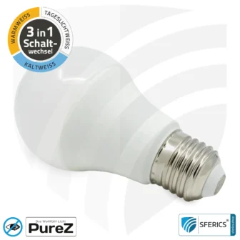 Produkte in Aktion 28 9 Watt LED TRICOLOR Pure-Z NEO | 3in1 = 3 umschaltbare Lichtfarben | Hell wie 80 Watt, 850 Lumen | CRI über 90 | flimmerfrei | E27